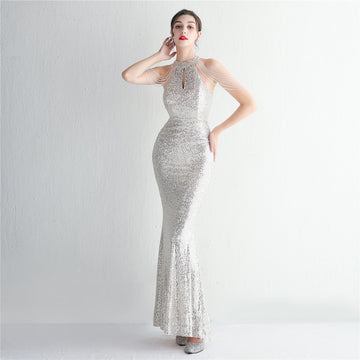 Sequined Craft Beading Cocktail Evening Dress Elegant Long Halter Slim Fit Fishtail